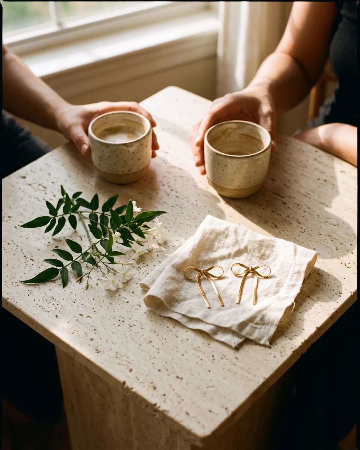 Two coffee cups and a pair of CHICX bow earrings on a sunny table