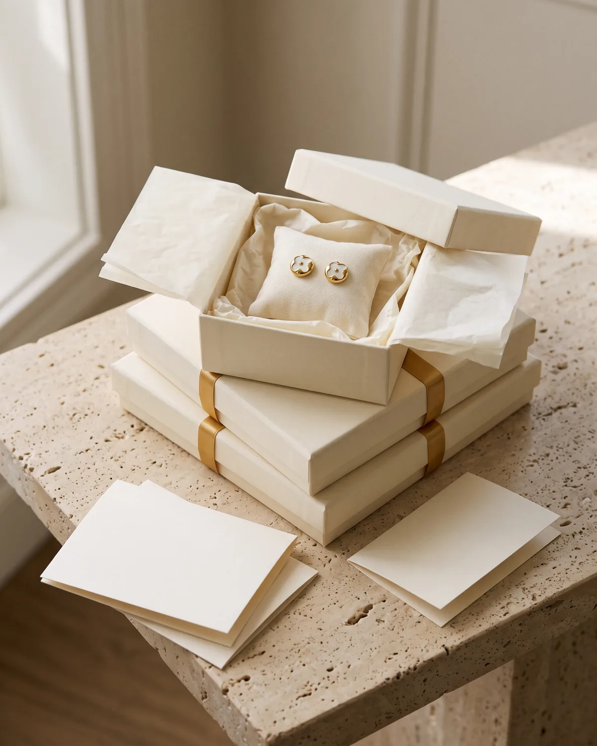 A stack of cream CHICX gift boxes with gold ribbon, one open with flower studs
