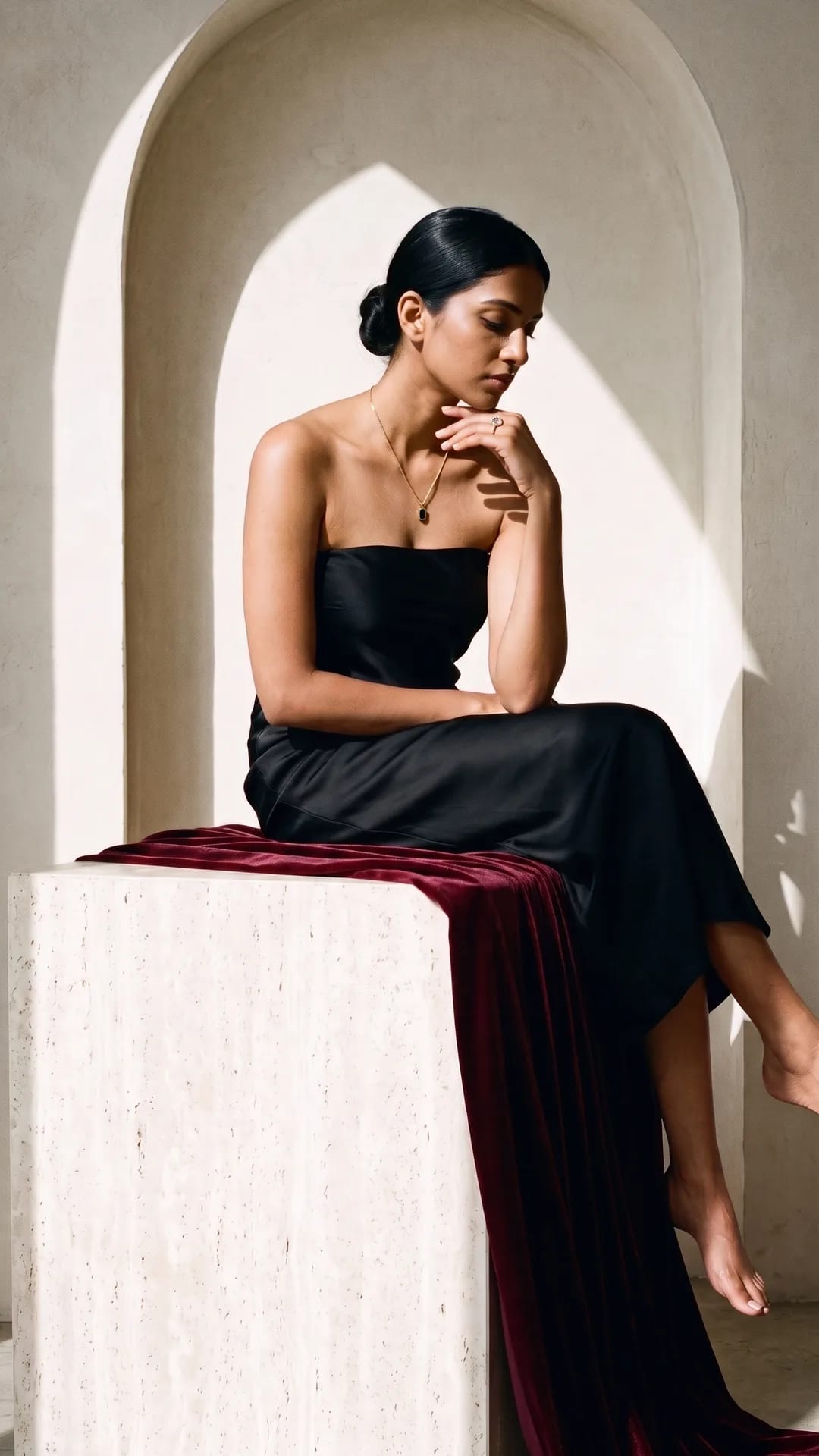 A woman in an onyx-black gown on a travertine block, wearing a CHICX onyx pendant and crystal ring