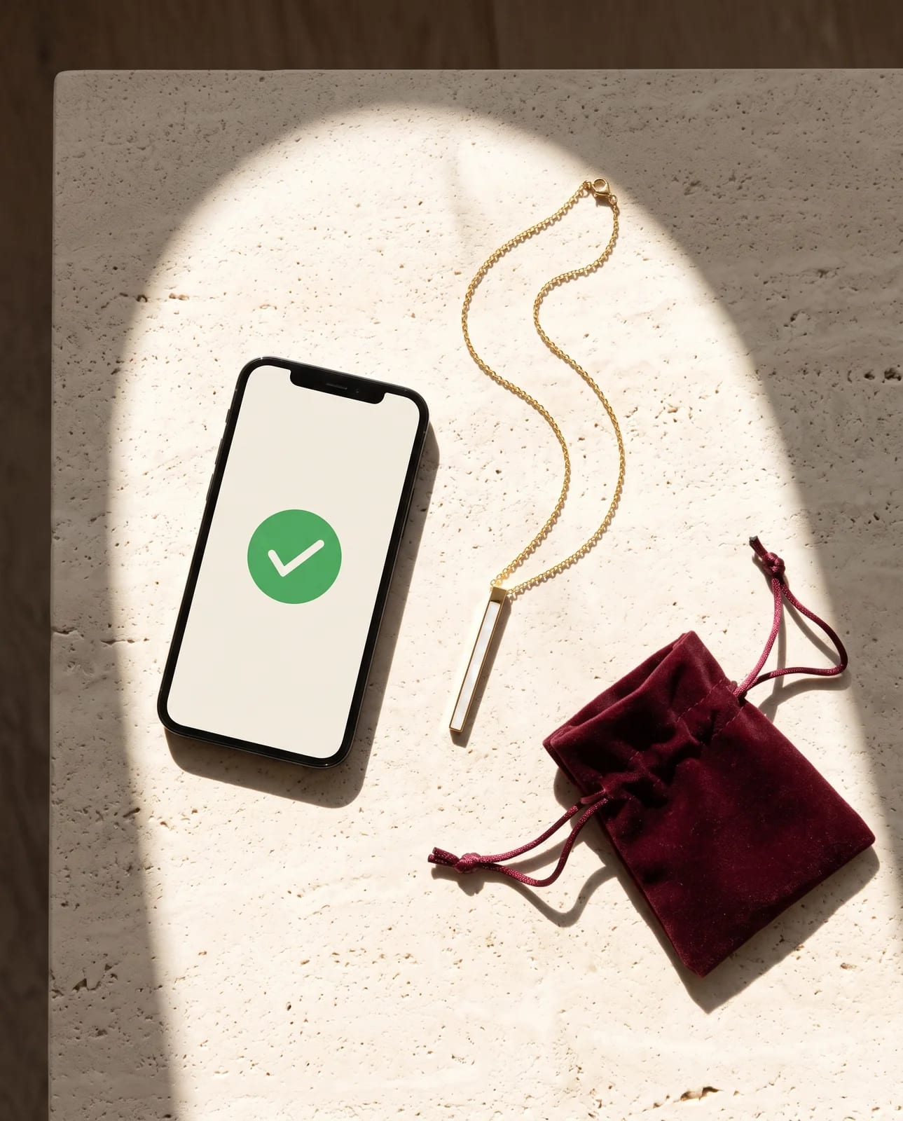 A phone showing a payment tick next to the Amulét Bar necklace