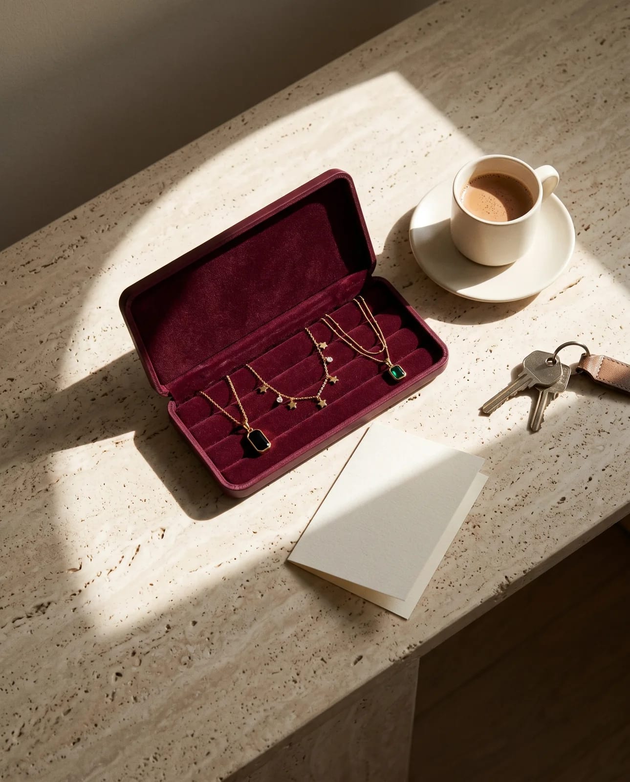 An open CHICX trial case with three necklaces on a travertine console