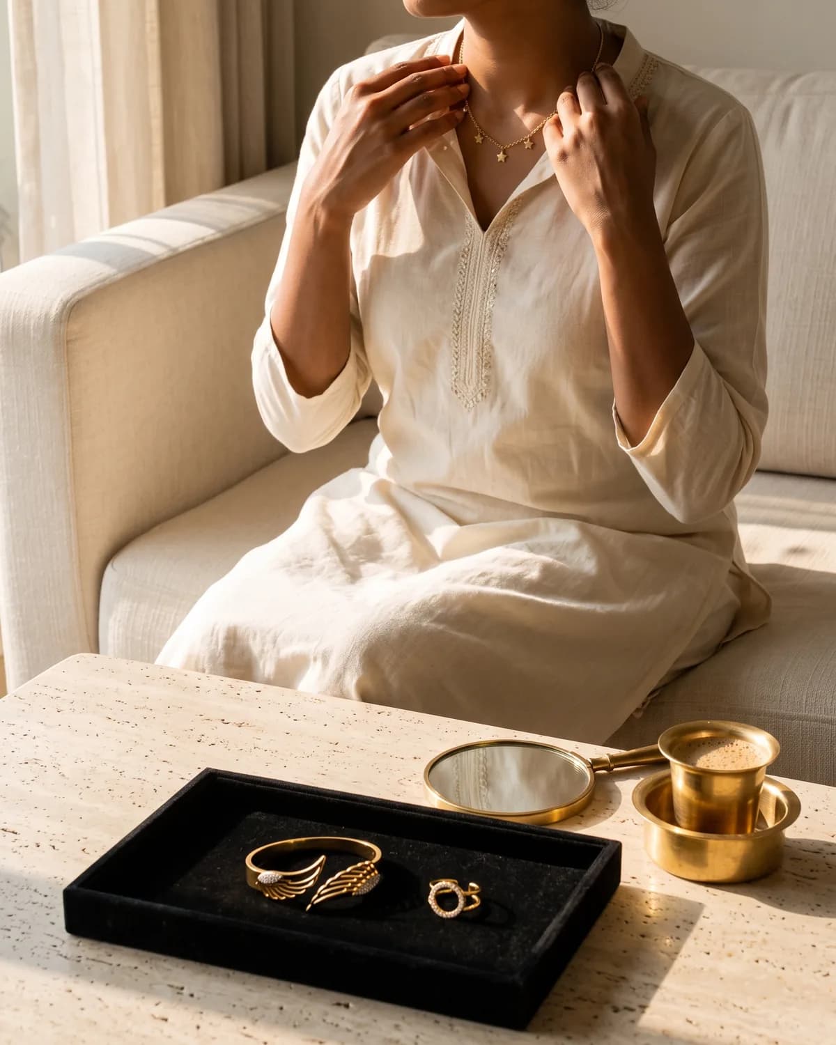 A velvet tray of CHICX pieces on a coffee table at home