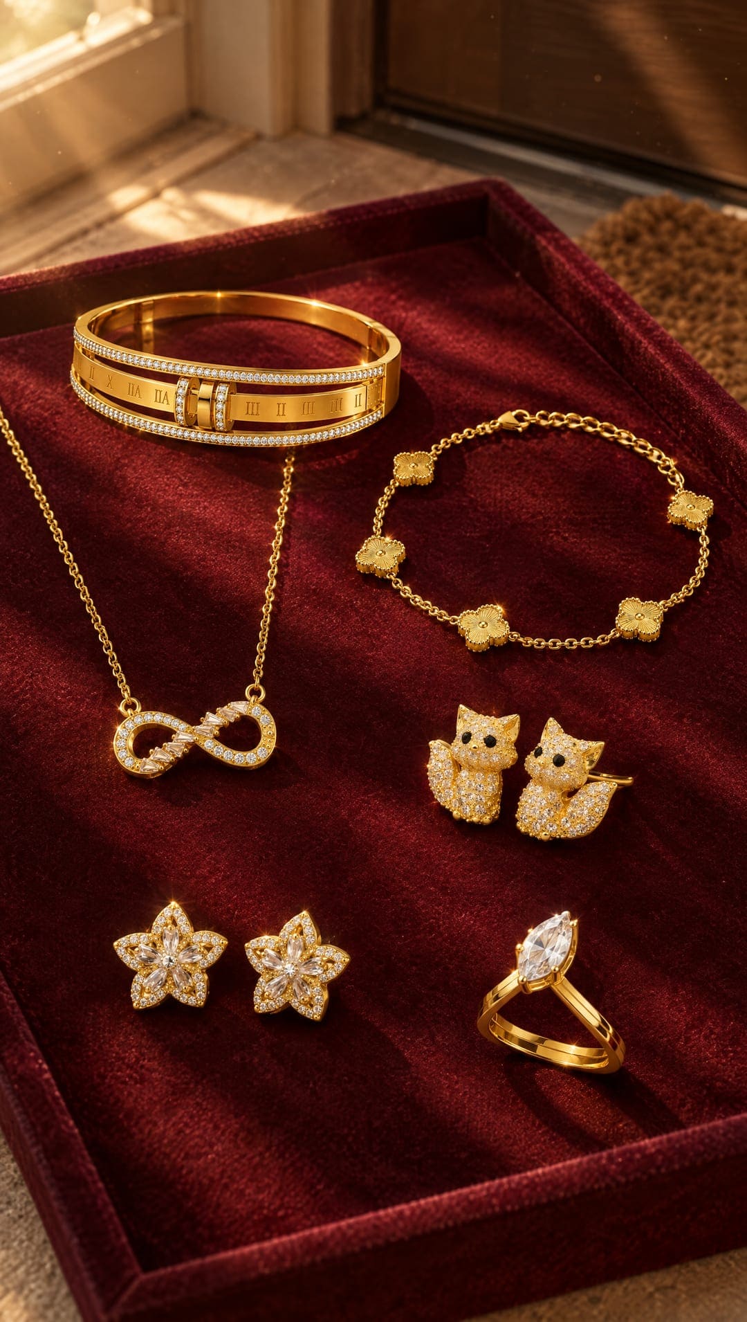 A velvet Home Trial tray of CHICX pieces at a front door